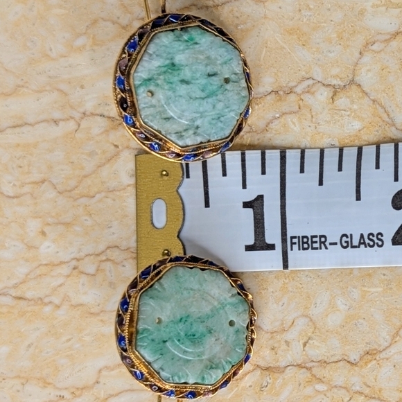 Vintage Chinese Jadeite Filigree Gilt Silver Carved Jade Enamel Dangle Earrings - Picture 8 of 10